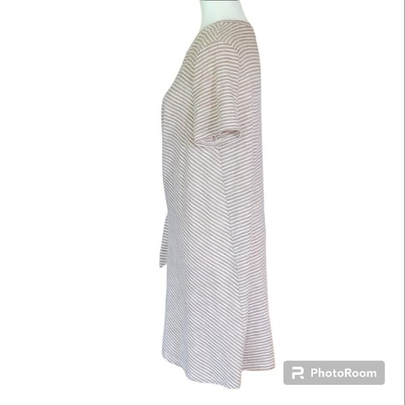 “L Love Inc" Neutral Striped Tee Shirt Dress Swim Cover Up with Side Tie - Picture 4 of 10